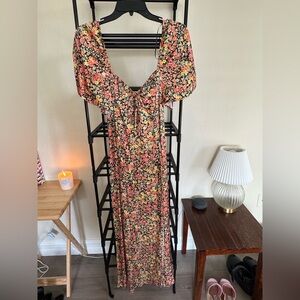 Topshop Satin Floral Long Dress with Flowy sleeves